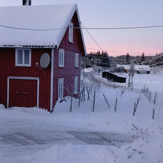 Rødt hus i snødekt landskap