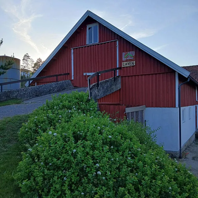 Rød låve med skiltet “Låven”, omkranset av grønn busk og blå kveldshimmel.